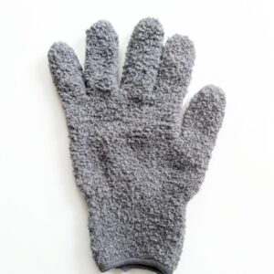 Microfibre leaf cleaning glove in grey fabric for indoor plant care on white background