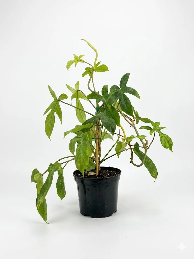 Philodendron Florida Green indoor plant with lobed glossy green leaves on climbing stems in a black plastic grow pot on a white background.