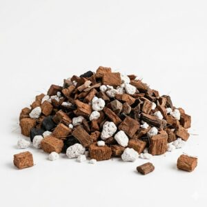 Aroid mix growing medium with bark chips, perlite, and chunky substrate components on white background
