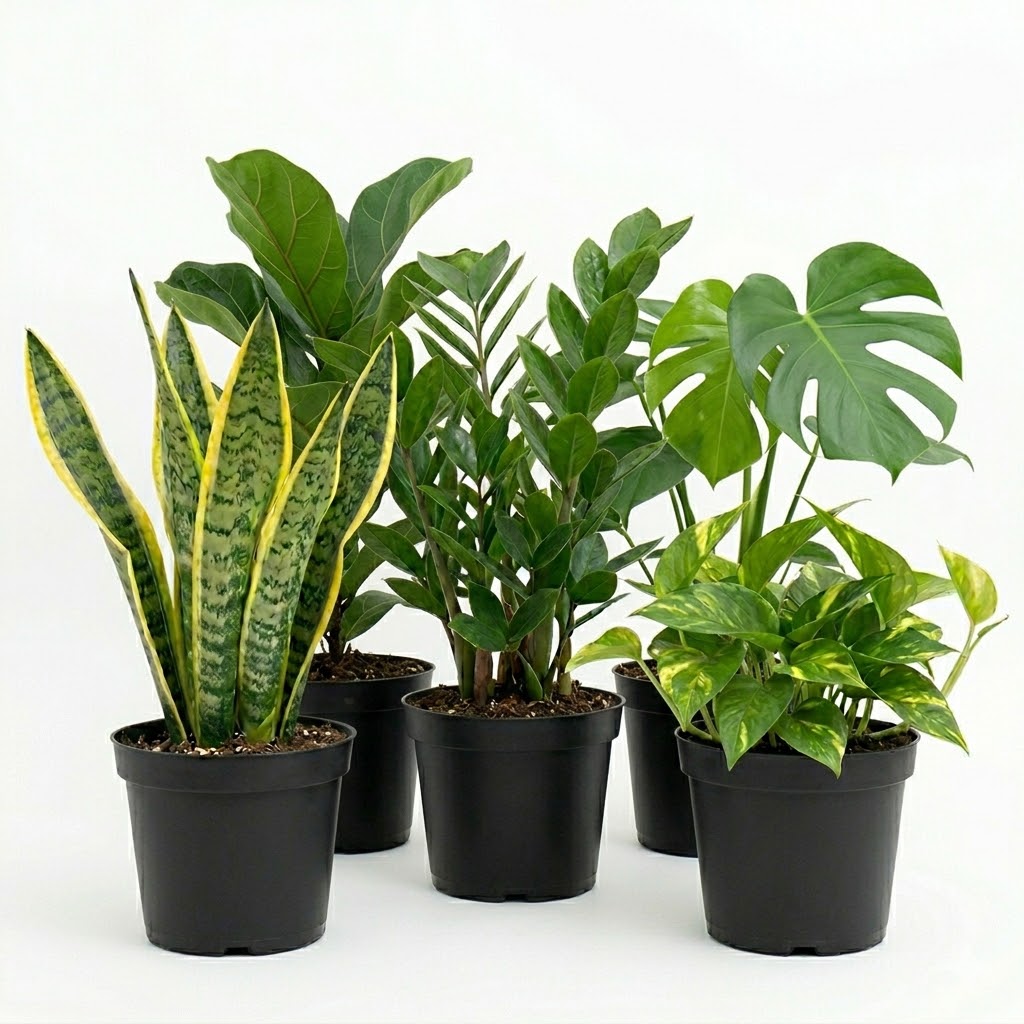 Indoor house plants including Sansevieria, ZZ plant, Monstera and Epipremnum in black pots on white background