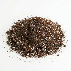 General indoor potting mix with potting soil, fine coir, bark chips, and perlite blend on white background