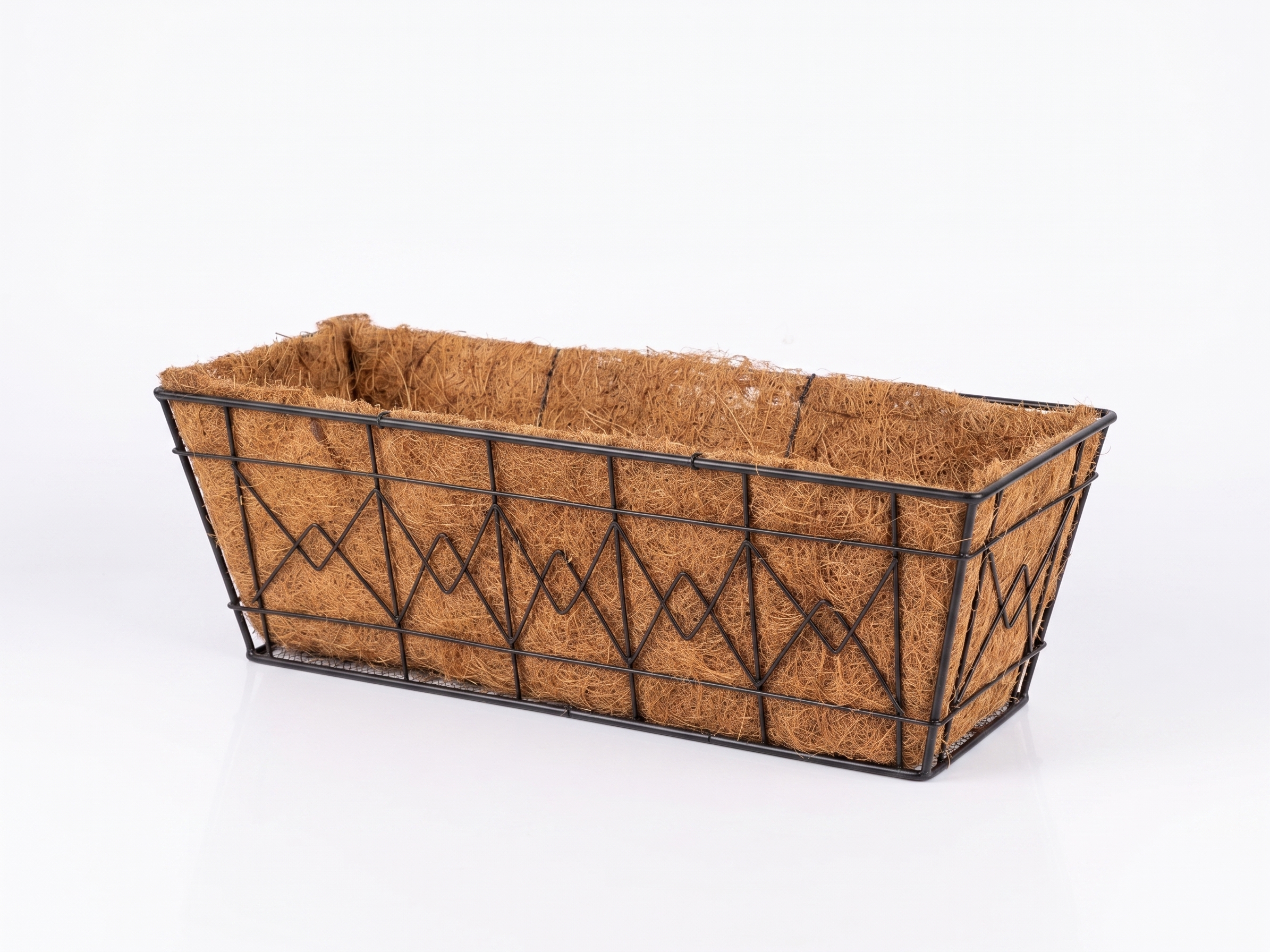 Coir lined window box 60cm with black metal frame and natural coconut fibre liner on white background