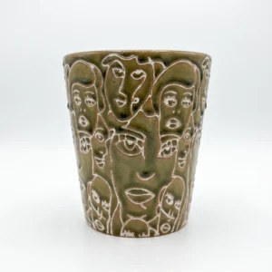 Green face ceramic cover pot 16cm with cream abstract line art design and olive-green glazed finish on white background