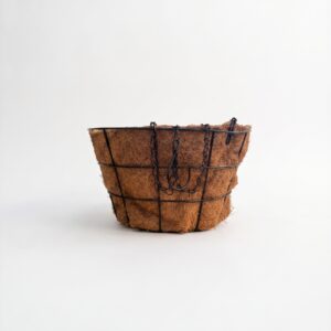Coir lined hanging basket 29cm with black metal frame, natural coconut fibre liner and hanging chain on white background
