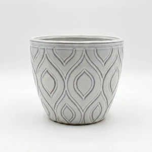 Light blue leaf pattern ceramic cover pot 17cm with embossed botanical design and soft glazed finish on white background