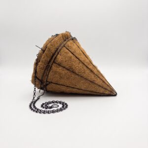 Side view of cone shaped coir lined hanging basket with black metal frame, natural coir liner and hanging chain on white background